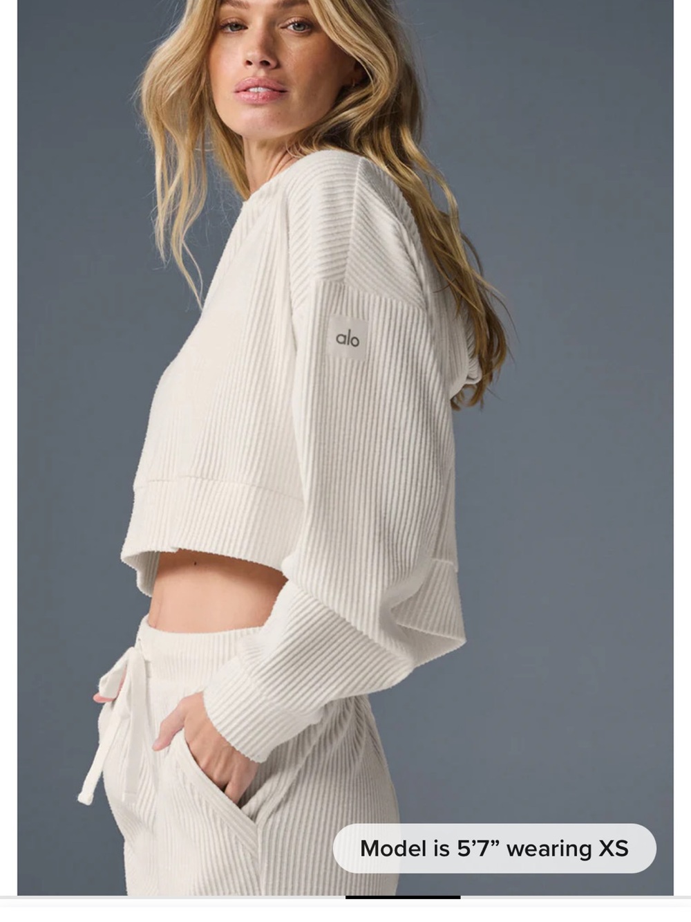 Alo Muse Cream Ribbed Cropped Hoodie - Picture 7 of 7